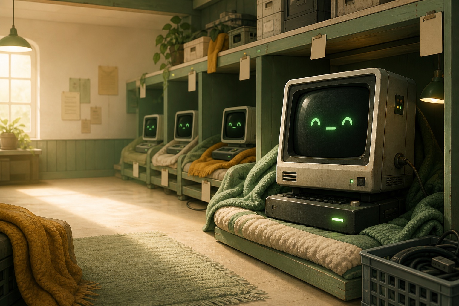 A cozy shelter room with old computer terminals resting in cubbies and glowing green idle faces.